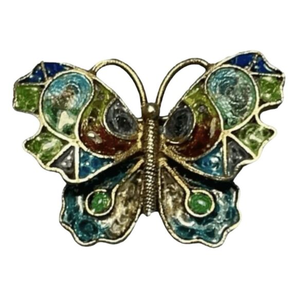 Vintage Butterfly Brooch Enamel 925 Silver Blue Green Gold Vermeil Filigree Pin - Picture 3 of 3